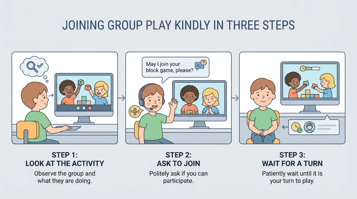child joining group play kindly in three steps—look at the activity, ask to join, then wait for a turn during an online singing or block game