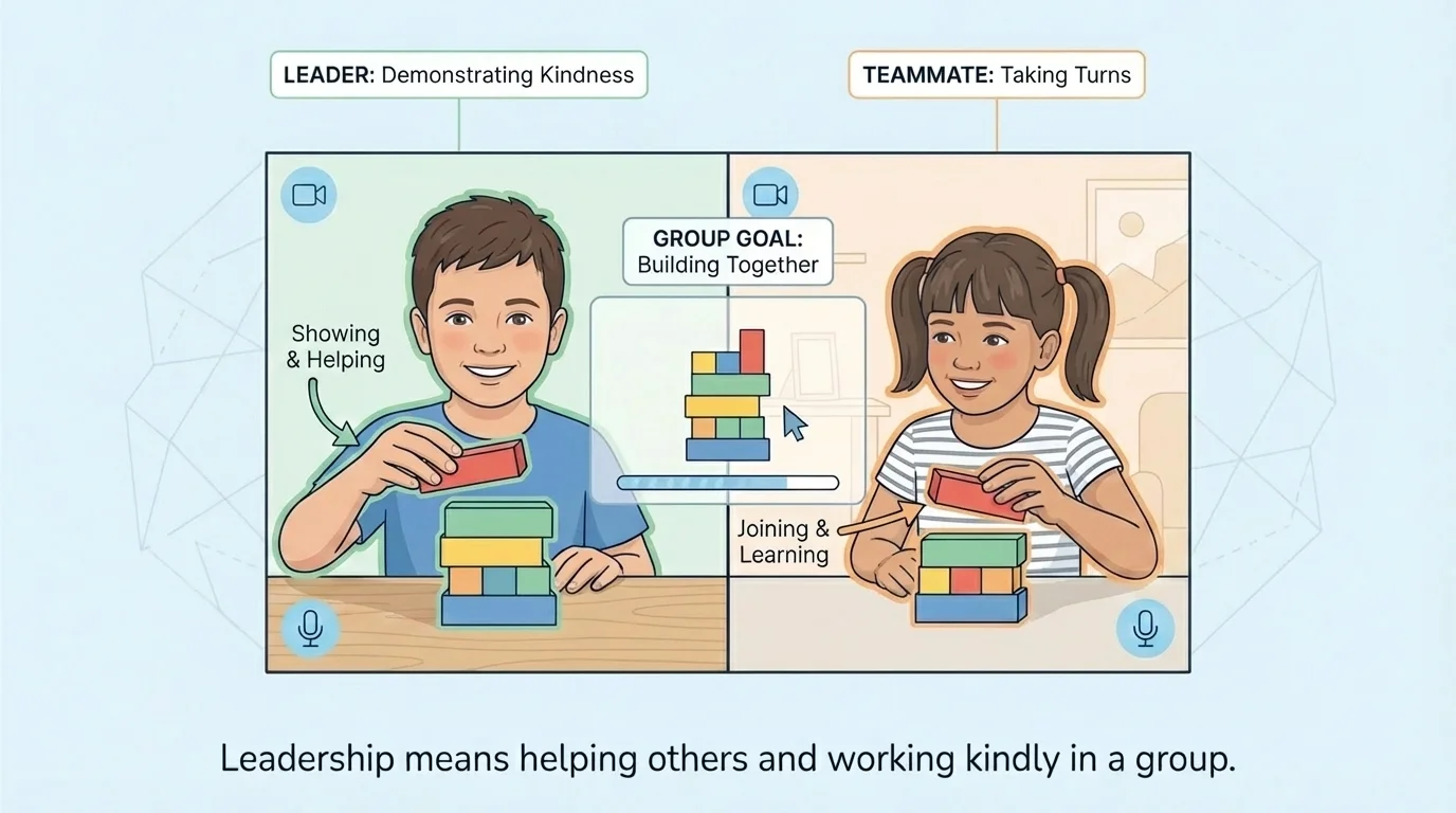 two young children on a video call, one kindly showing the other how to stack blocks, both smiling and taking turns