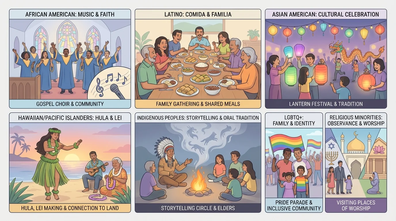 labeled scenes showing African American music and church choir, Latino family meal, Asian American lantern festival, Hawaiian hula and lei, Indigenous storytelling circle, LGBTQ family at a parade, and a family visiting a synagogue, mosque, temple, or church