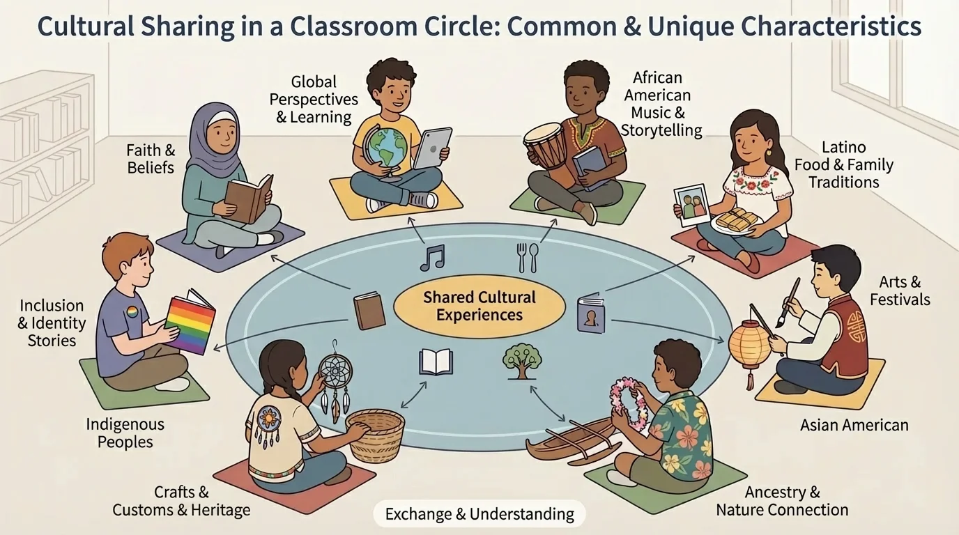 children from different backgrounds sharing food, music, stories, and family traditions in one classroom circle