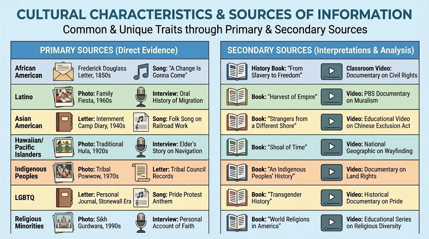 chart with examples of primary sources like photographs, letters, songs, and interviews, and secondary sources like history books and classroom videos