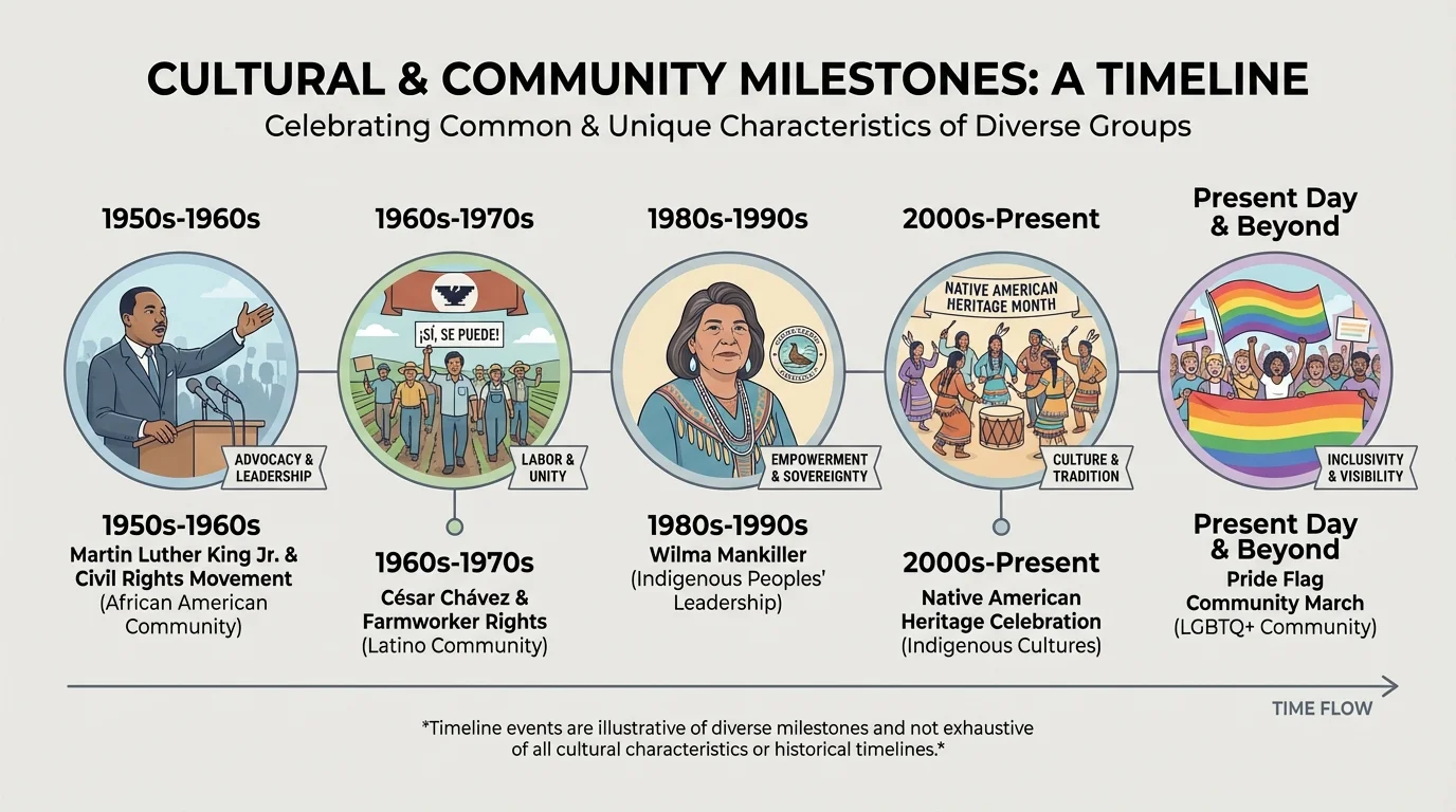 timeline with Martin Luther King Jr. speaking, César Chávez and farmworkers, Wilma Mankiller, Native American Heritage celebration, and Pride flag community march