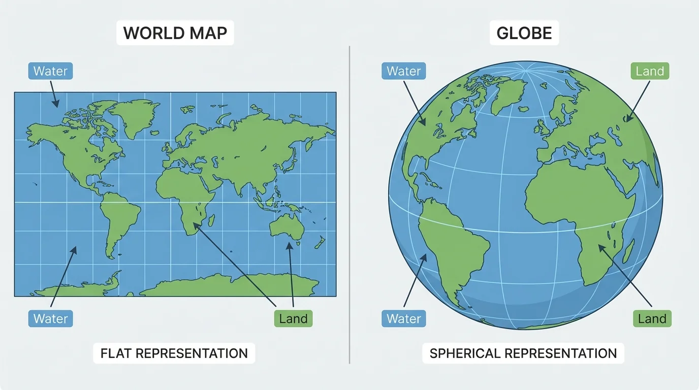 side-by-side flat world map and globe with matching blue water and green land areas