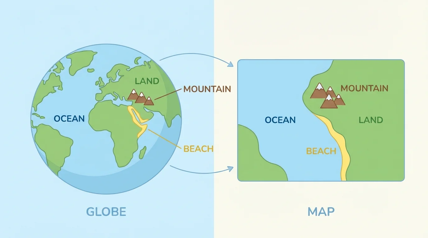 simple child-friendly map with blue ocean, green land, brown mountain, yellow beach labels