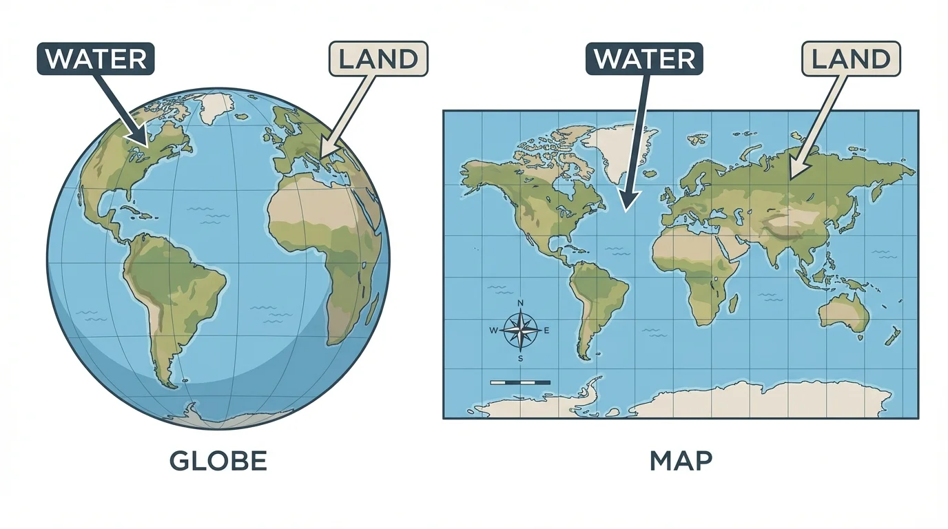 globe showing blue oceans and green-brown continents with arrows to land and water