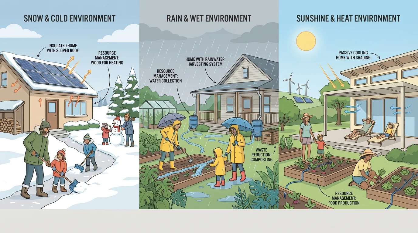 children and families near different kinds of homes wearing weather-appropriate clothes in snow, rain, and sunshine