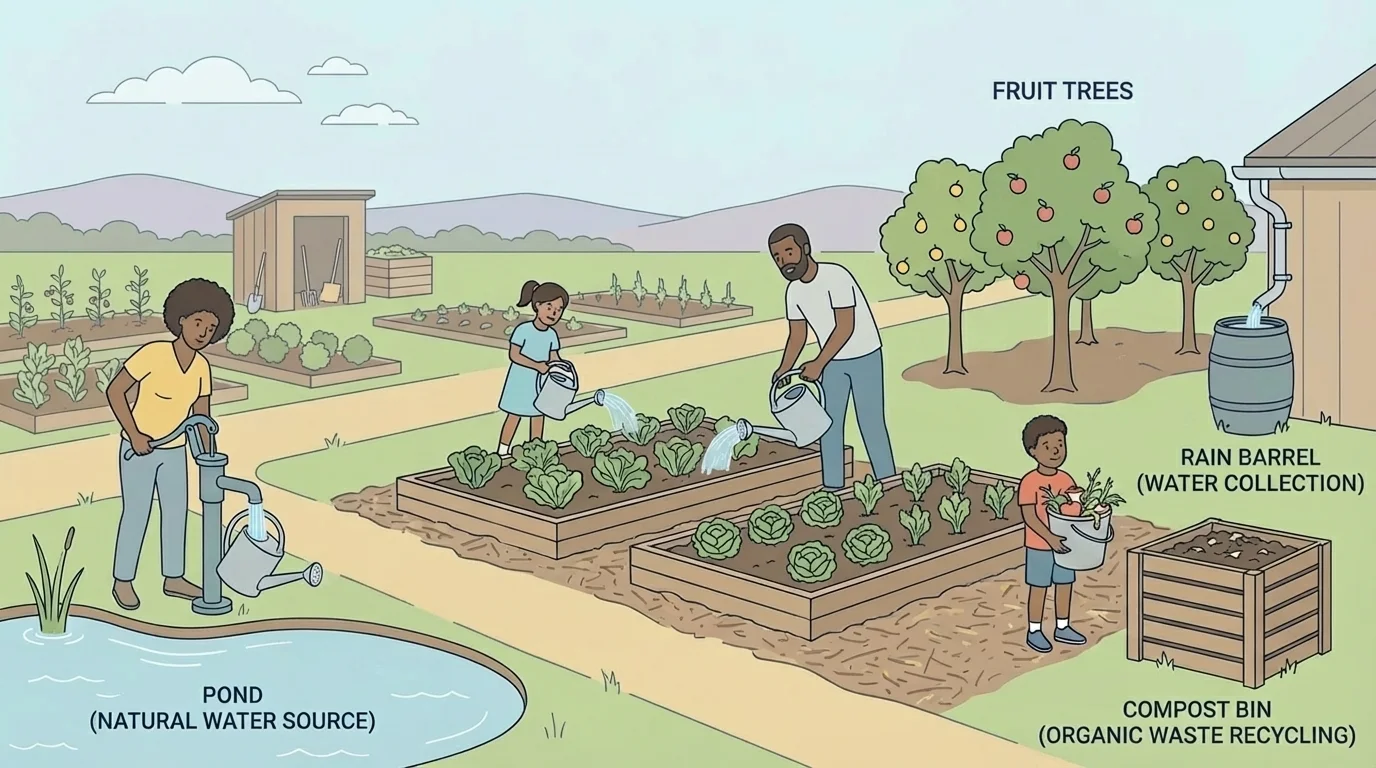 family in a community garden near trees and a small pond, watering plants and using natural resources
