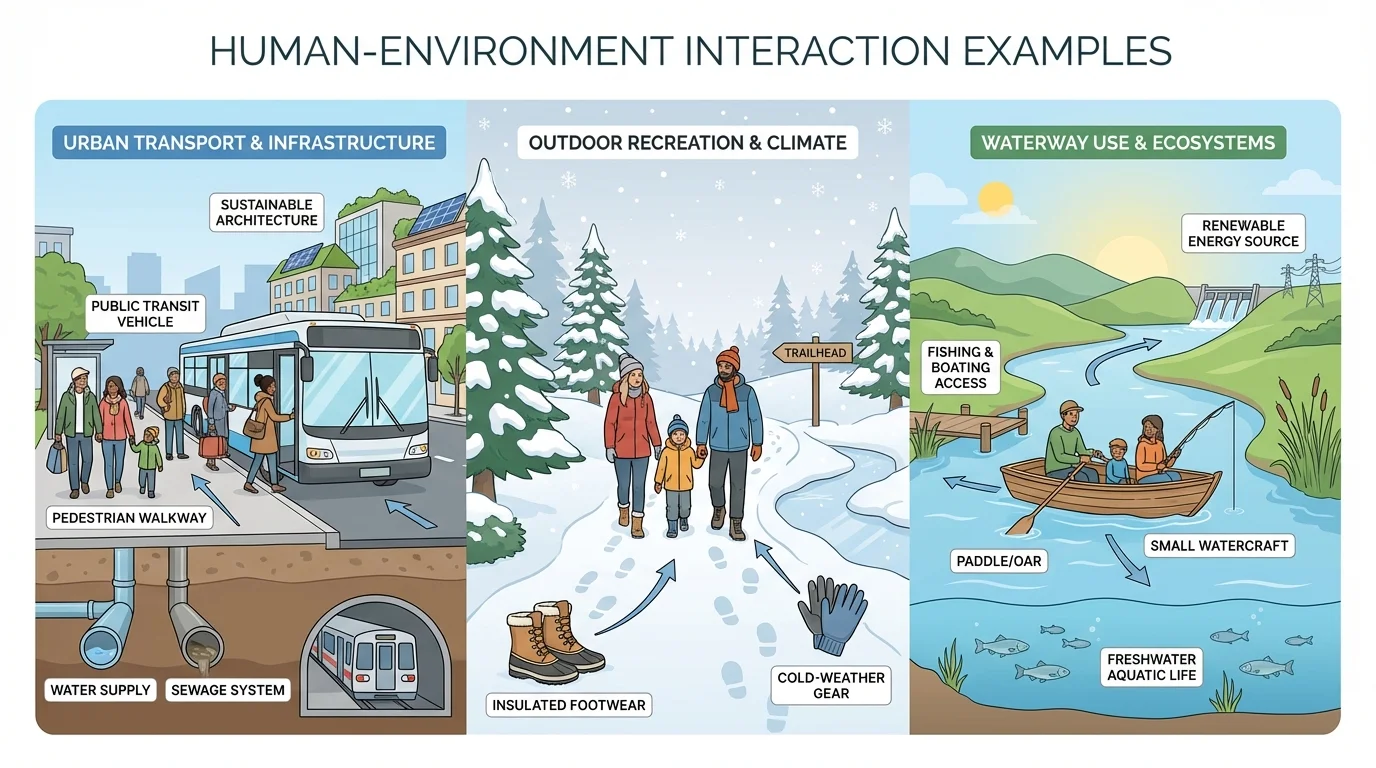 split scene with city street and bus, snowy path with boots, and river with a small boat