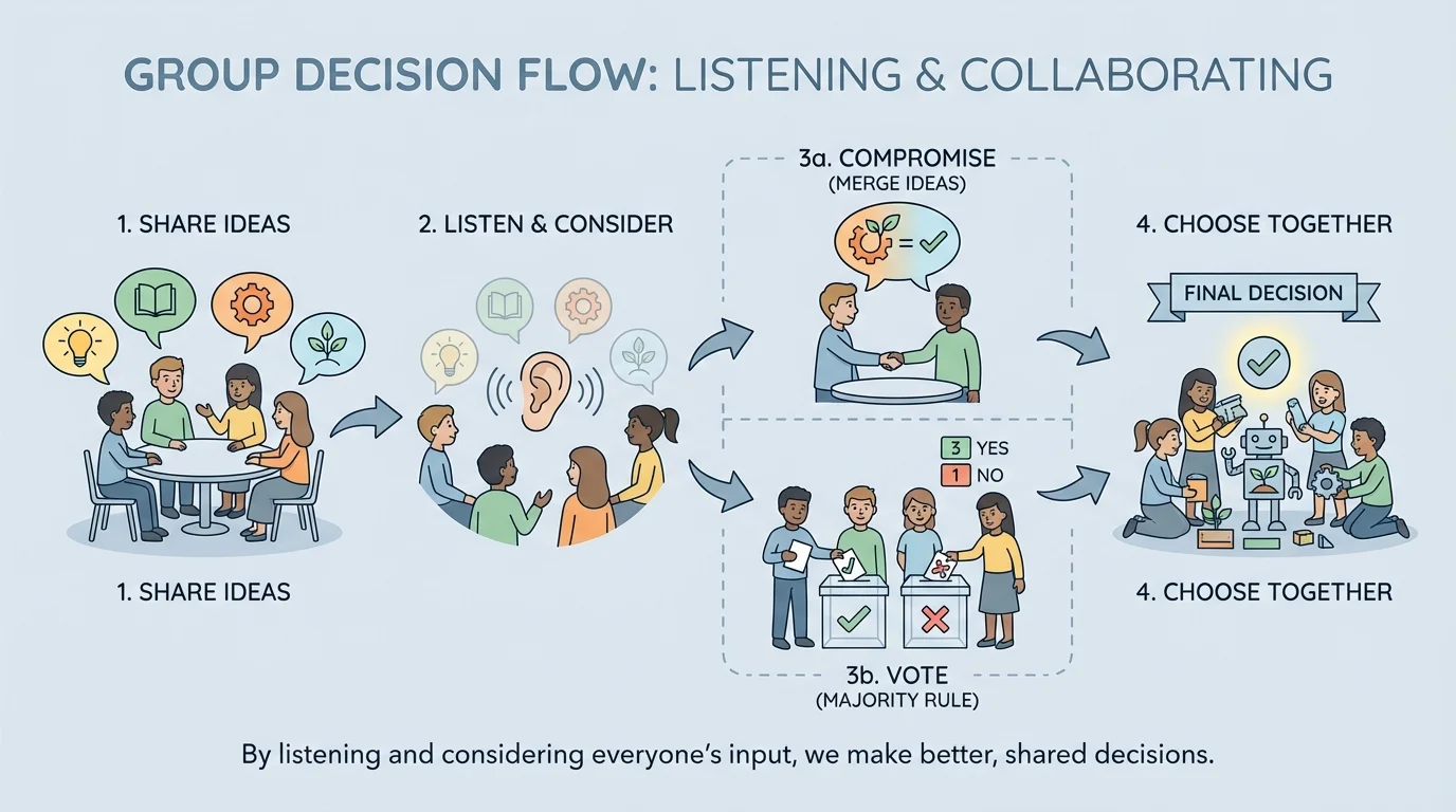 Simple classroom decision flow showing students share ideas, listen, compromise or vote, and choose together