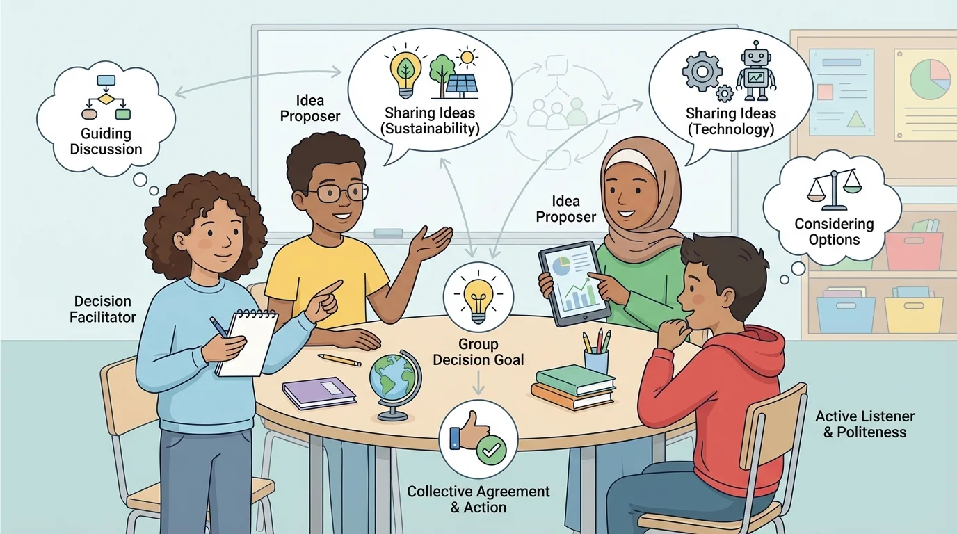 Small classroom group with one child helping guide discussion and other children sharing ideas and helping politely