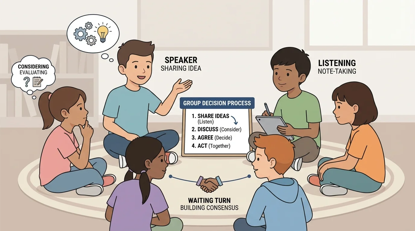 Children sitting in a circle, one child speaking while others look, listen, and wait their turn