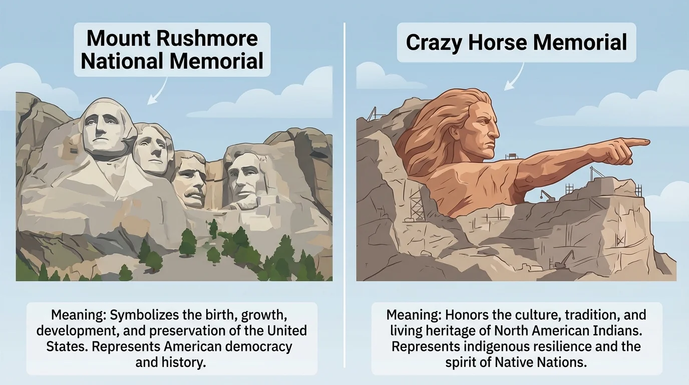 Side-by-side view of Mount Rushmore and Crazy Horse Memorial with simple labels