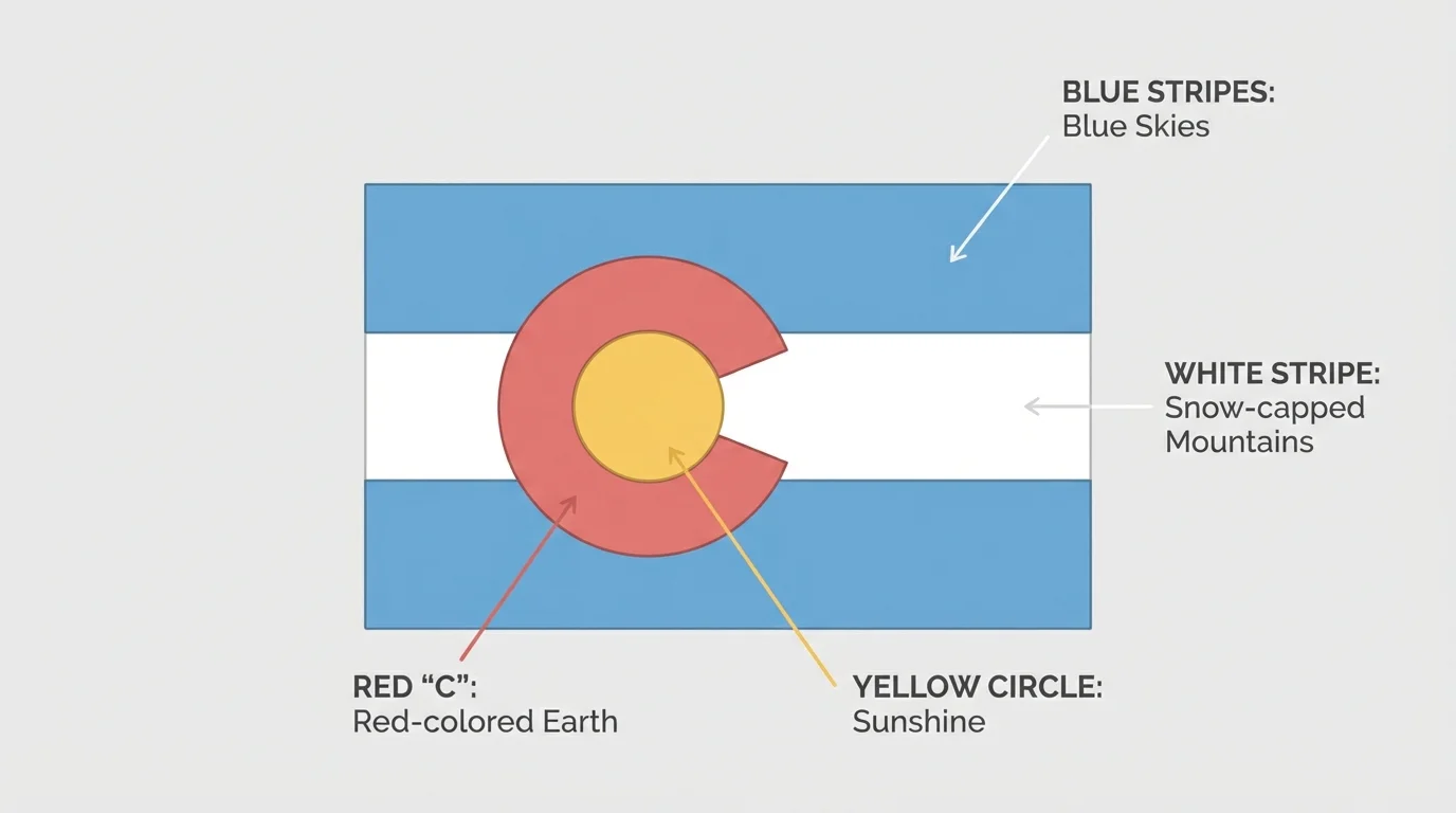 Colorado state flag with red C, yellow circle, blue stripes, and white stripe labeled with simple meanings