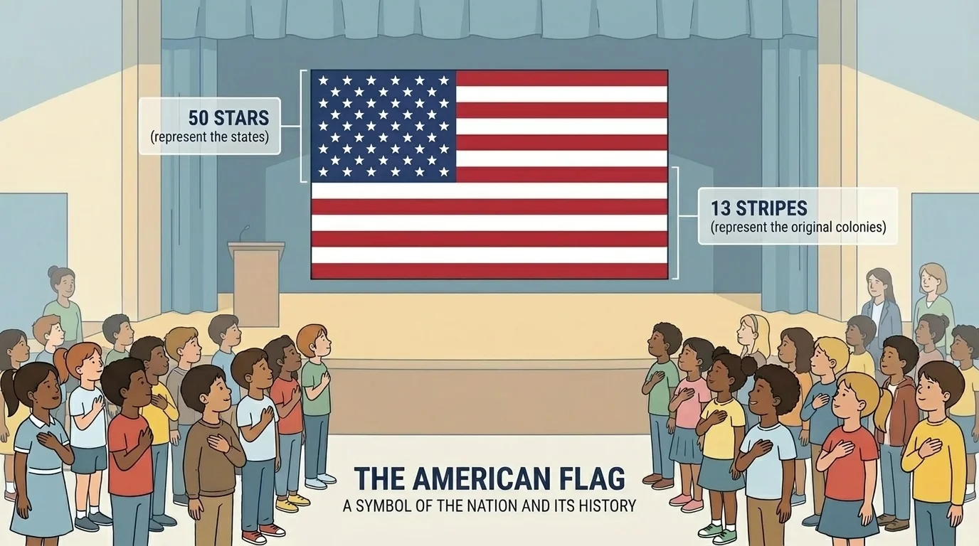 American flag with labeled stars and stripes, children looking at it during a school gathering