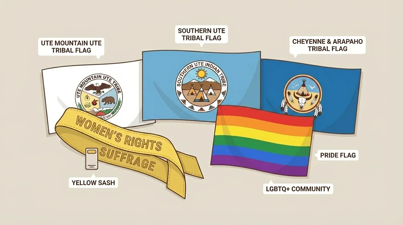 Yellow sash, rainbow Pride Flag, and tribal flags representing Native Nations whose ancestral homelands include present-day Colorado, displayed in a respectful group
