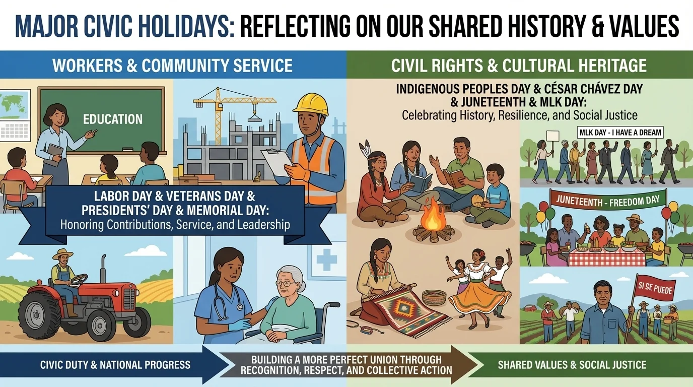 Split community scene with workers such as teachers, builders, and farmers on one side, and Indigenous families sharing traditions, clothing, art, and history on the other side