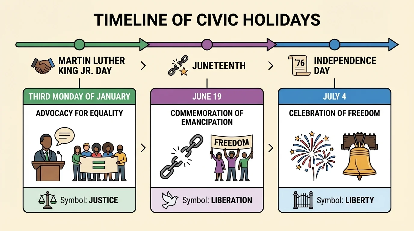 Simple child-friendly timeline showing Independence Day, Martin Luther King Jr. Day, and Juneteenth, with small symbols for freedom, equality, and celebration