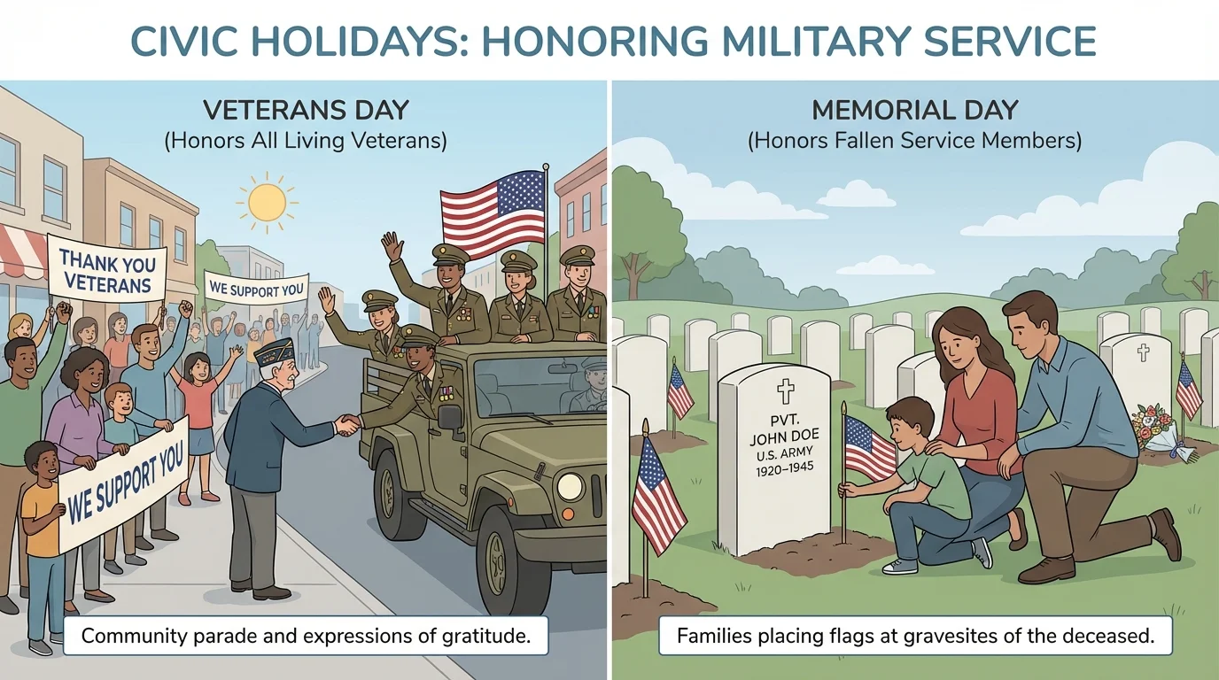 Side-by-side comparison of Veterans Day and Memorial Day, with one scene showing a community thanking living veterans in a parade and the other scene showing families placing flags at graves of fallen service members