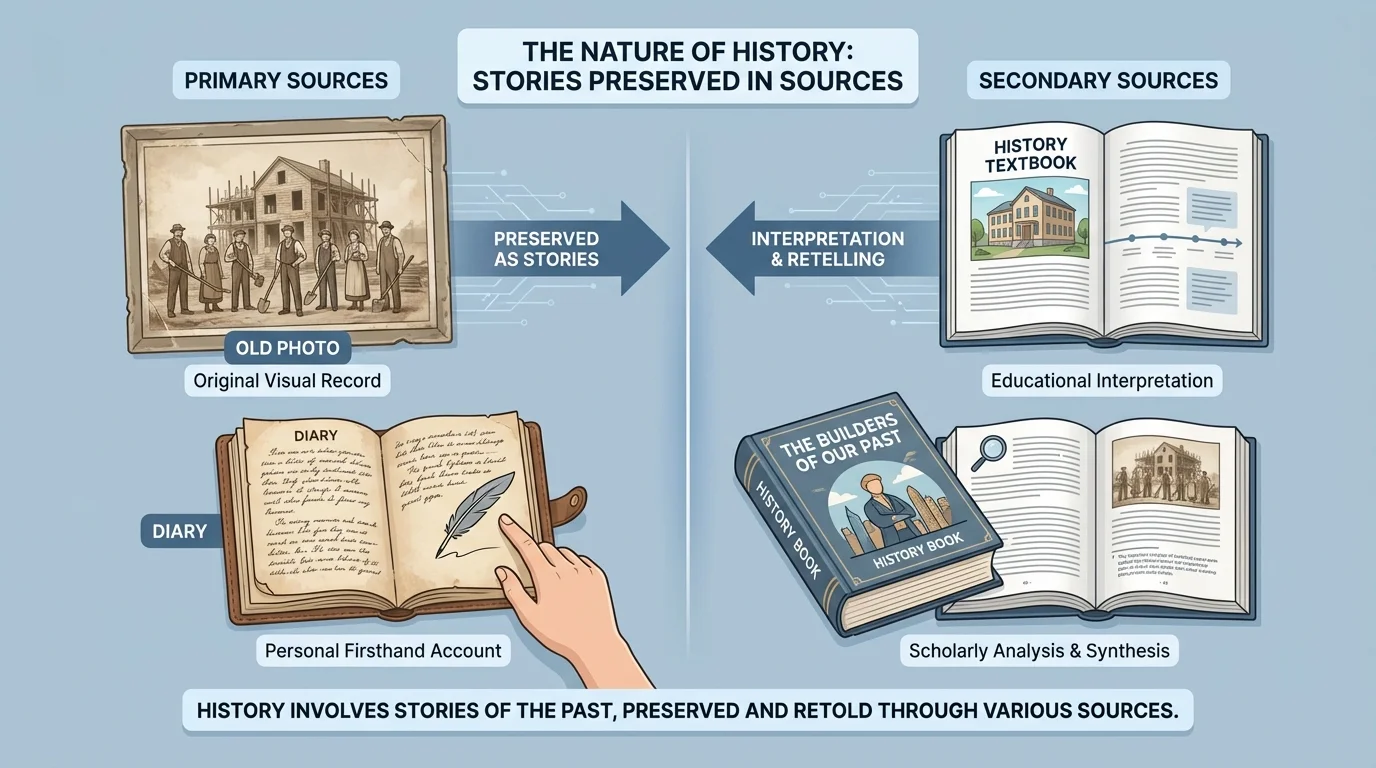 comparison illustration with one side showing an old photo and diary, the other side showing a textbook and a history book retelling the same event