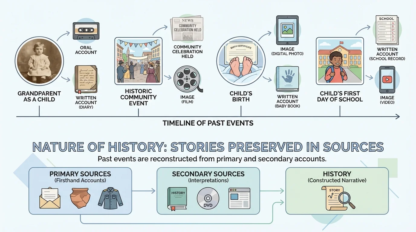 simple timeline with a child's birth, first day of school, a grandparent as a child, and a historic community event placed from earlier to later