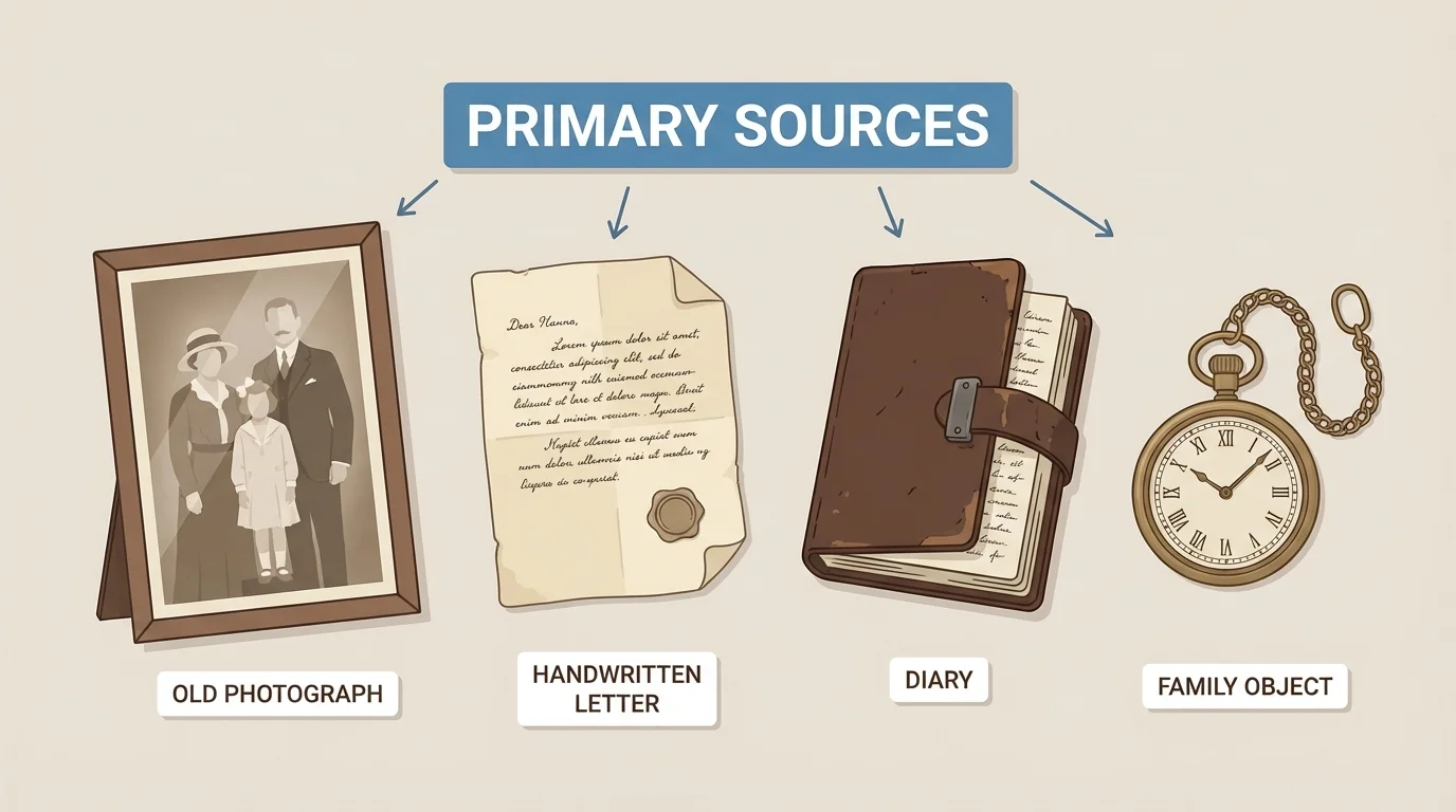 child-friendly display of an old photograph, a handwritten letter, a diary, and a family object labeled as primary sources