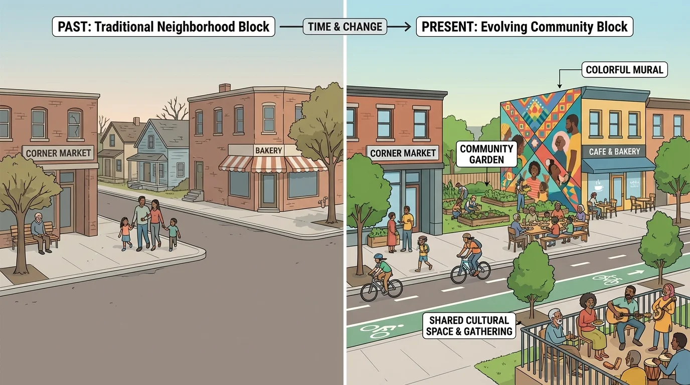 Neighborhood block with a bakery, small market, colorful mural, community garden, and families sharing different cultural traditions together
