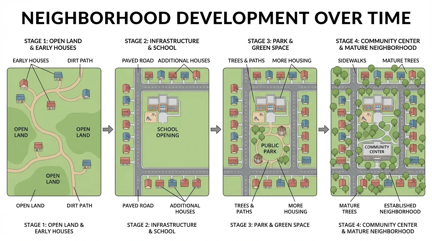 Simple timeline showing open land and a few houses, paved road, school opening, park added, and community center opening