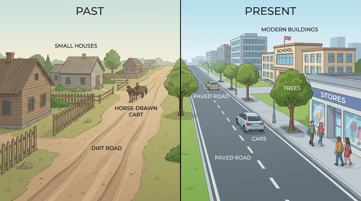 Street scene split into past and present, with dirt road and a few small houses on one side and paved road, cars, school, trees, and stores on the other
