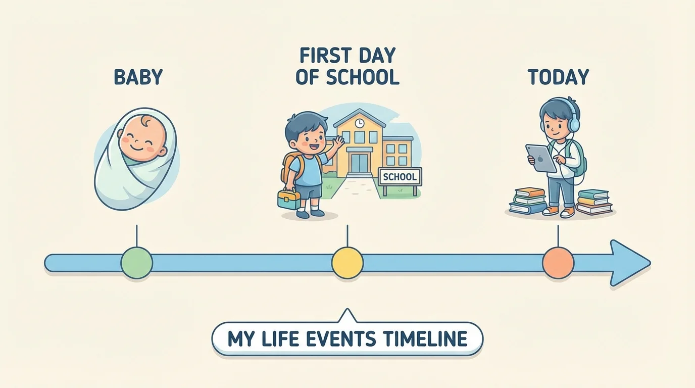 simple horizontal timeline with three child-friendly events labeled baby, first day of school, today