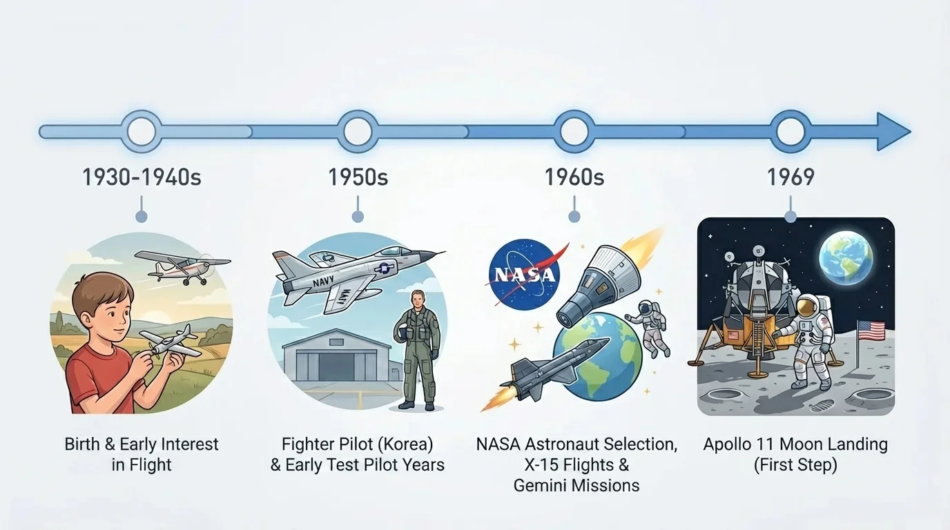 timeline of Neil Armstrong's life events leading to the moon landing