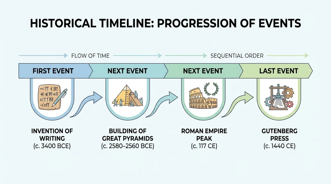 labeled timeline with years and arrows showing first, next, last