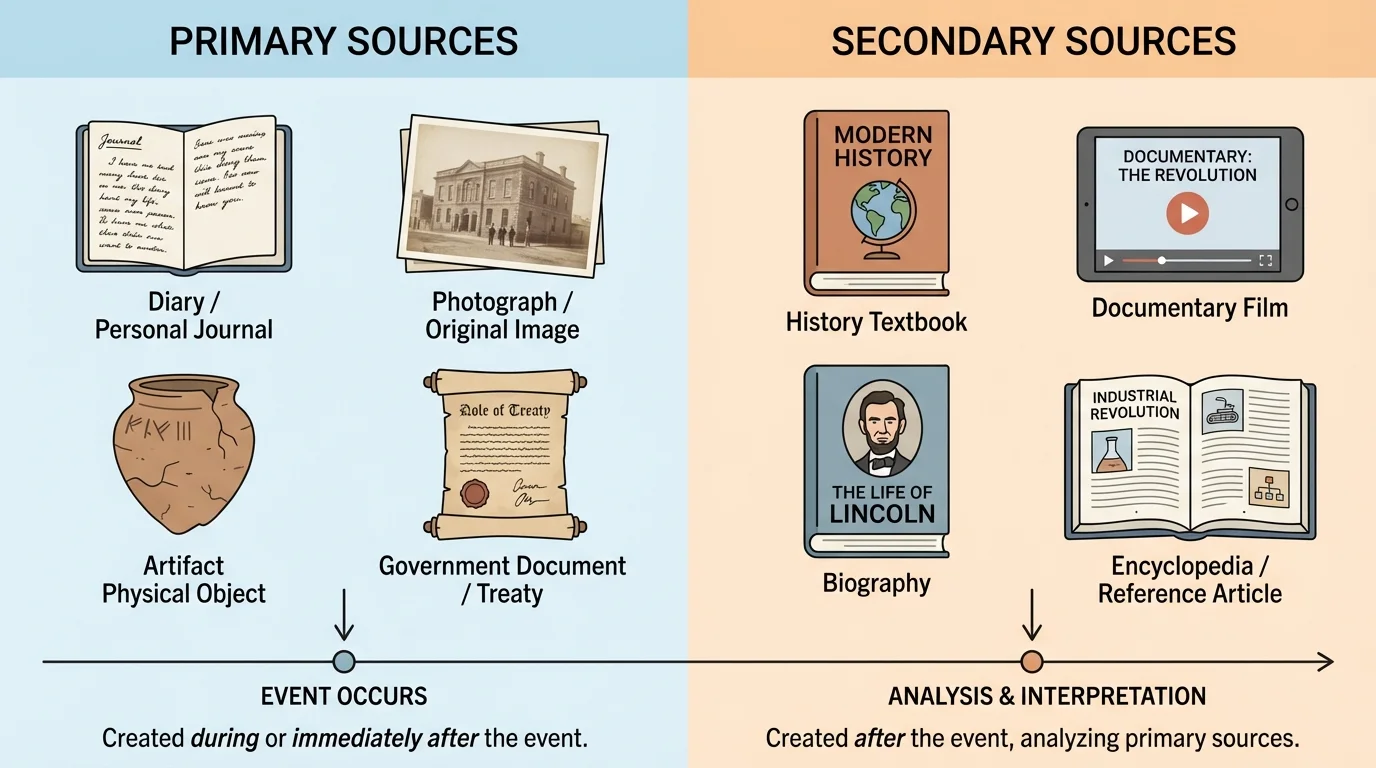 side-by-side comparison of primary source items and secondary source items with simple labels
