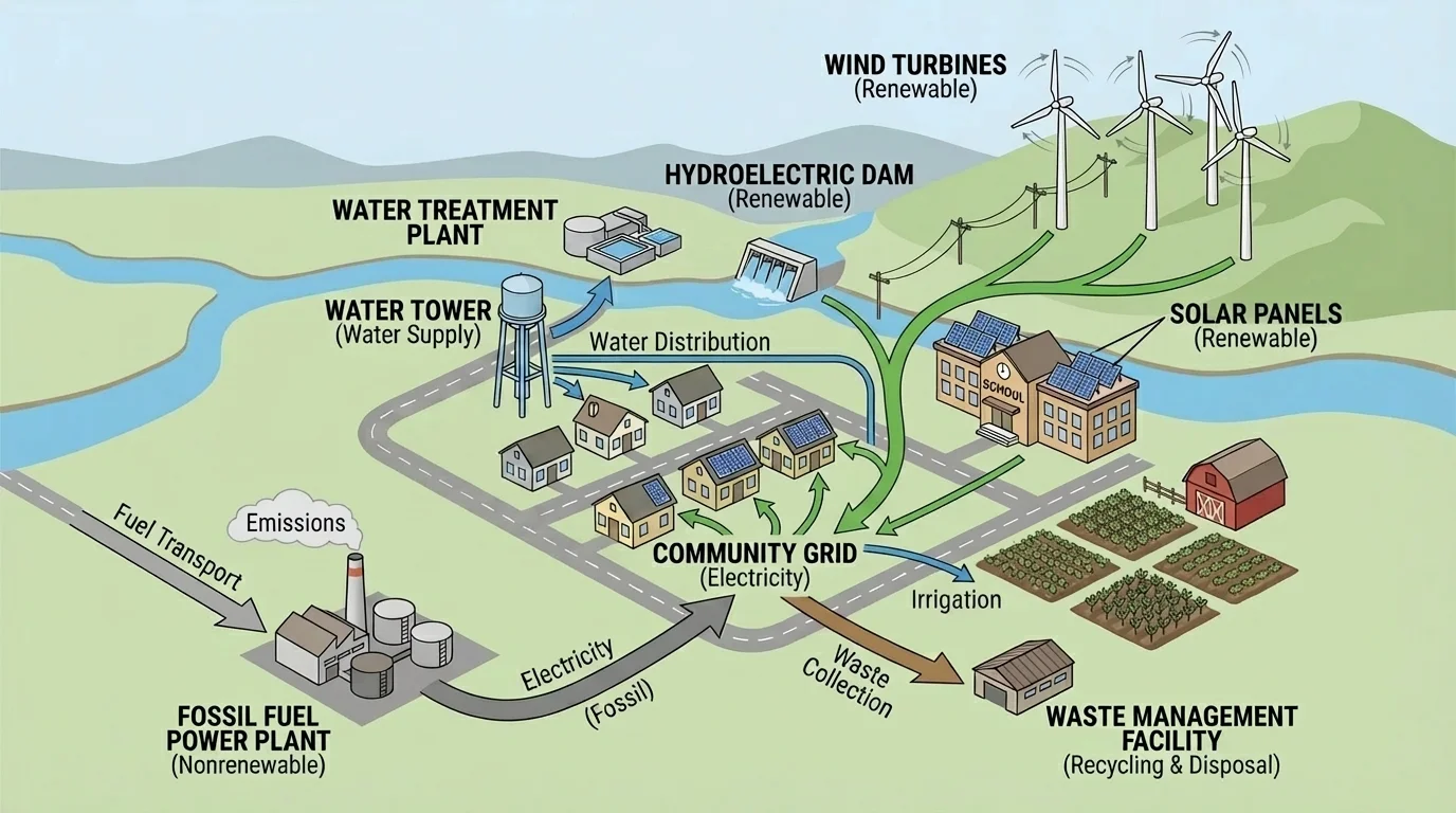 simple map of a small community showing houses, school, farm fields, a river, roads, a water tower, and energy sources such as solar panels or wind turbines, with arrows showing how resources are used