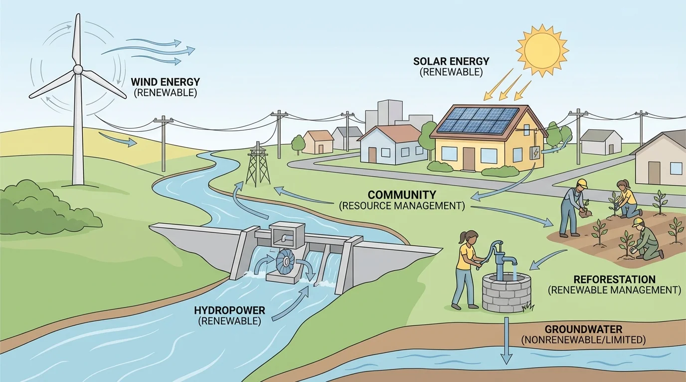 scene showing a dam on a river, a wind turbine on a hill, solar panels on a roof, a well, and people planting trees in one community landscape