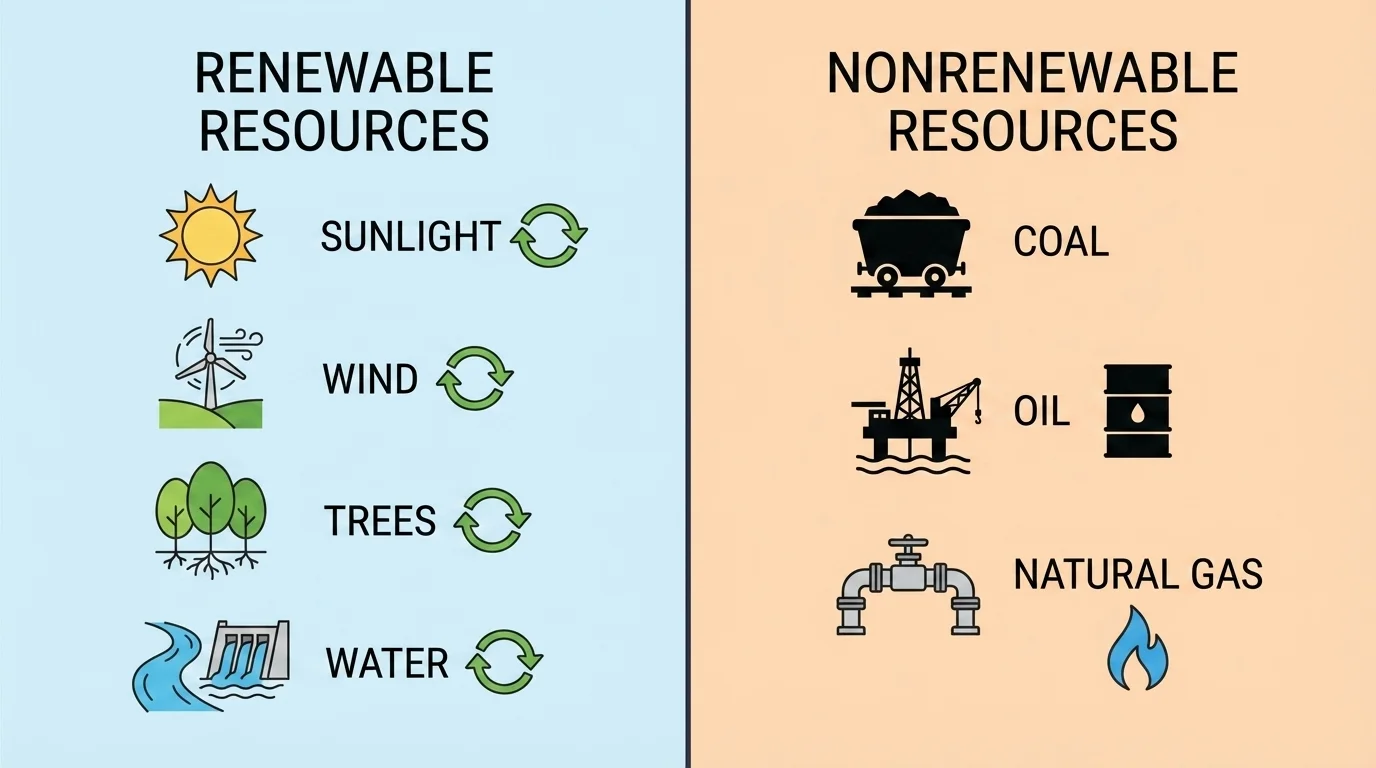 comparison chart with renewable resources on one side showing sunlight, wind, trees, and water, and nonrenewable resources on the other side showing coal, oil, and natural gas