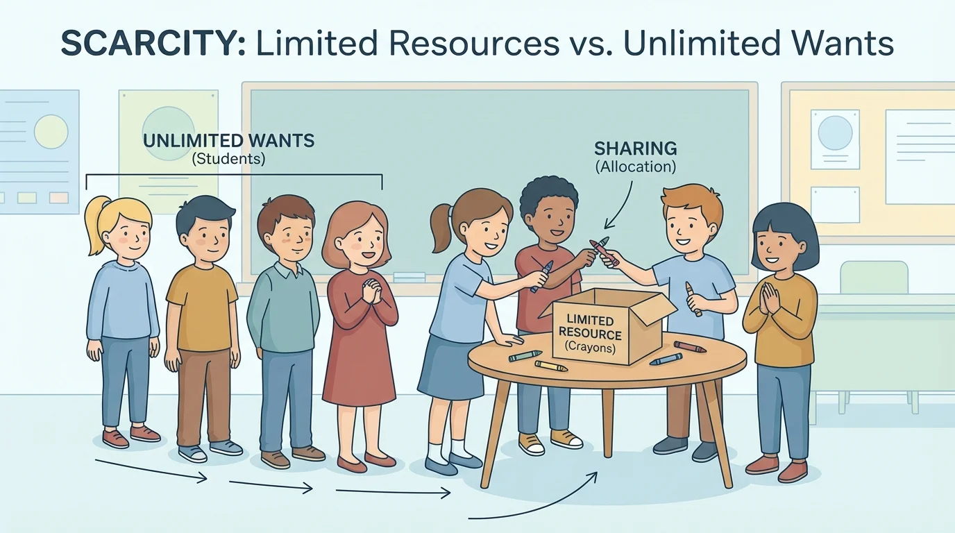 Classroom scene with many students sharing a small box of crayons, some waiting and some taking turns