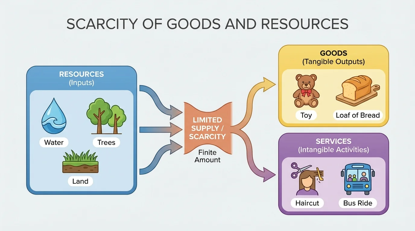 Chart showing a toy, loaf of bread, haircut, bus ride, water, trees, and land grouped into goods, services, and resources