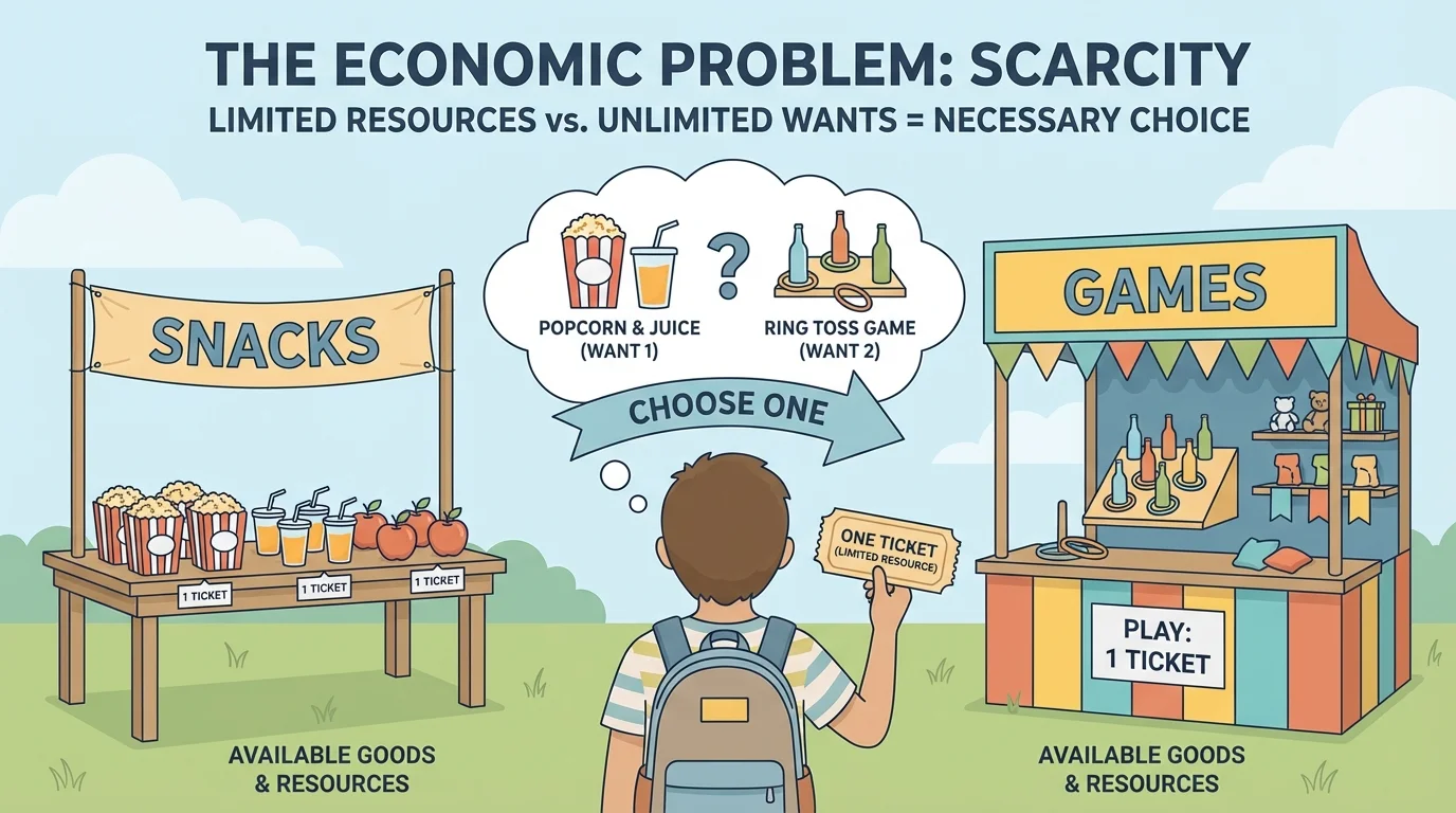 Child at a school fair holding one ticket and choosing between a snack table and a game booth