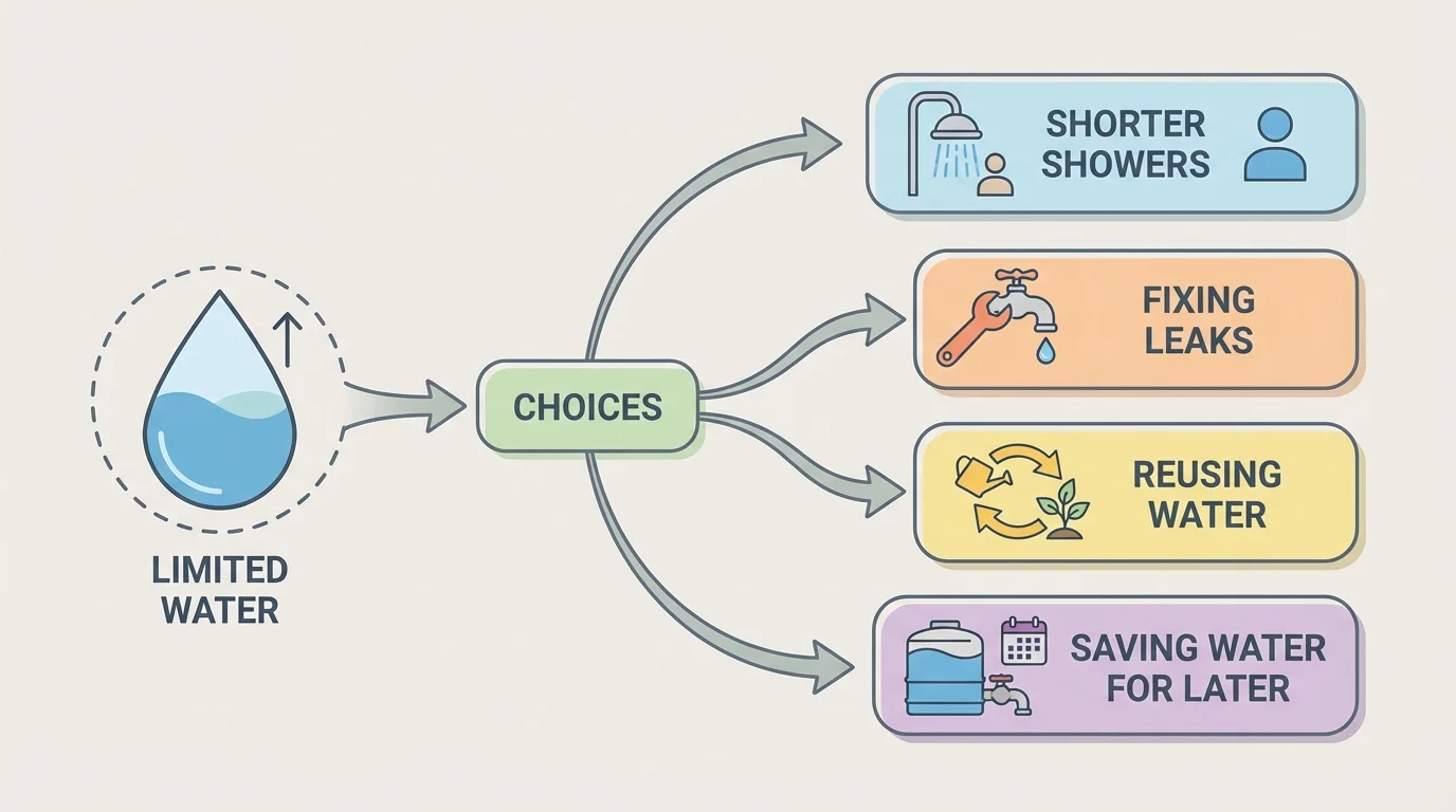 Flowchart showing limited water leading to choices like shorter showers, fixing leaks, reusing water, and saving water for later