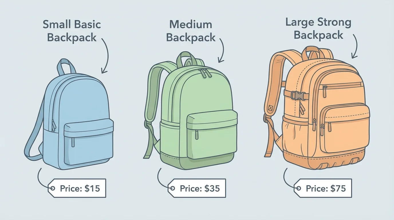 three backpacks side by side labeled small basic backpack, medium backpack, and large strong backpack to show how size and quality affect price