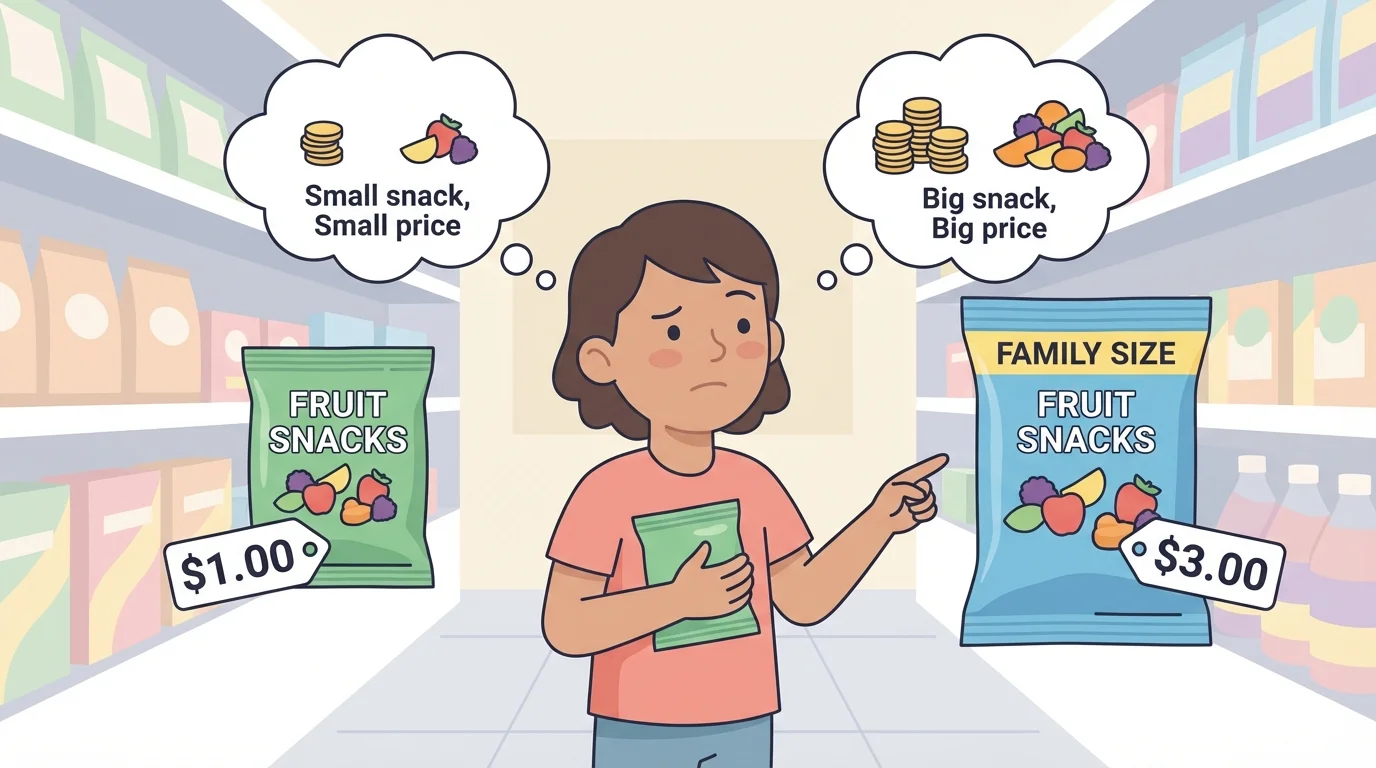 child in a store comparing two snack choices, one cheaper and one larger, with price tags and simple thought bubbles about amount and value