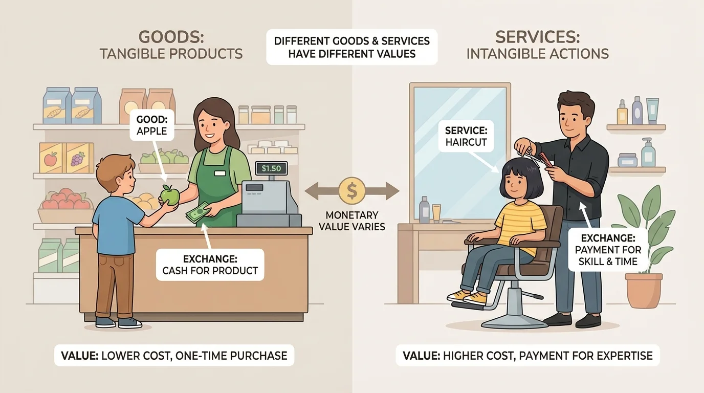 child buying an apple at a store and child getting a haircut in a salon, clearly showing examples of goods and services