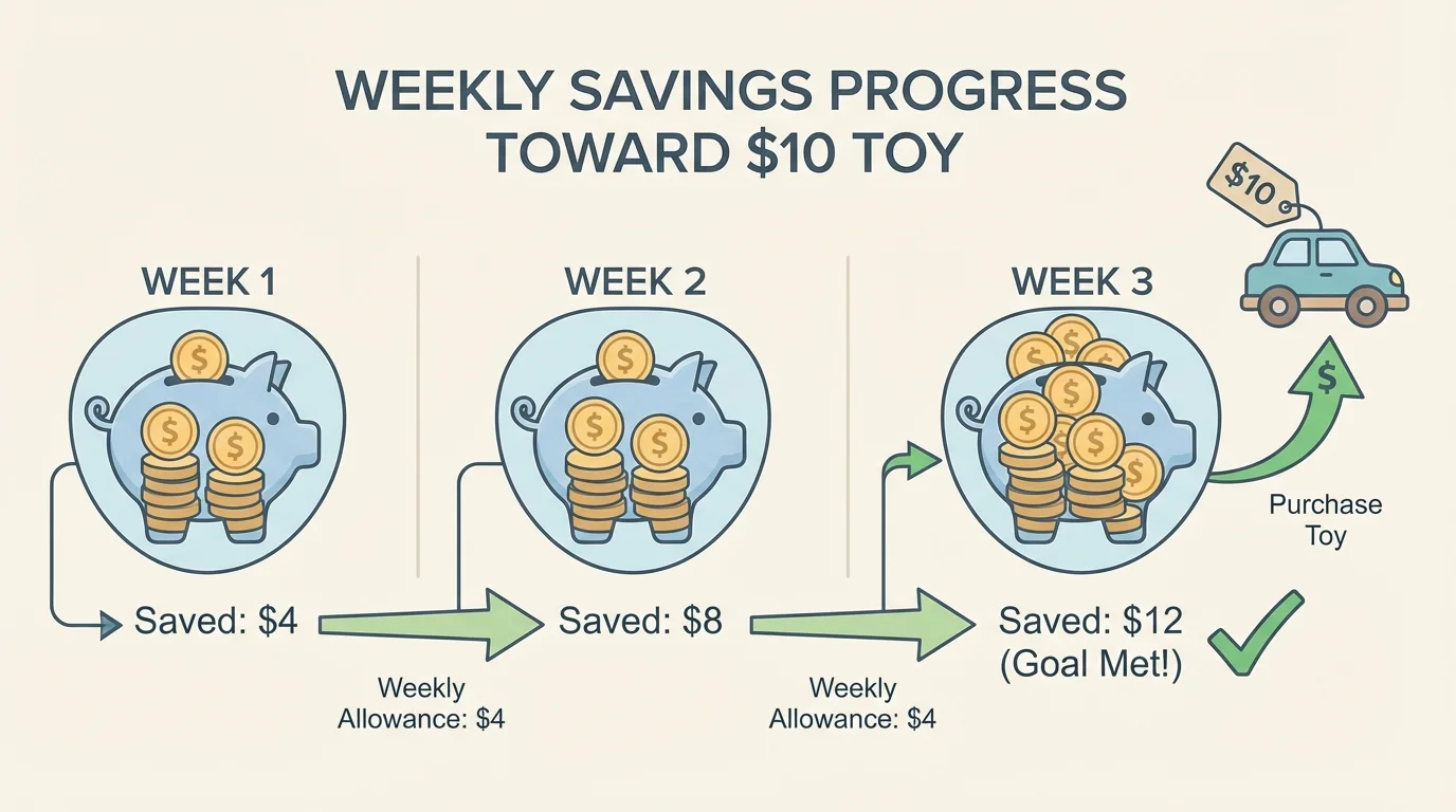 weekly savings of $4 toward a $10 toy, showing money amounts at week 1, week 2, and week 3, with week 3 reaching enough money