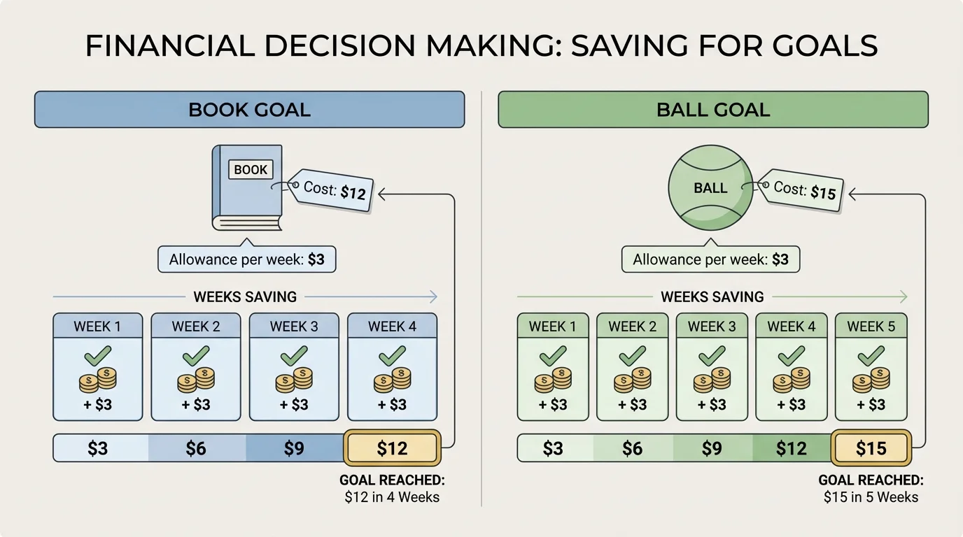 chart comparing a $12 book and a $15 ball when earning $3 each week, with week boxes filled in to show 4 weeks for the book and 5 weeks for the ball