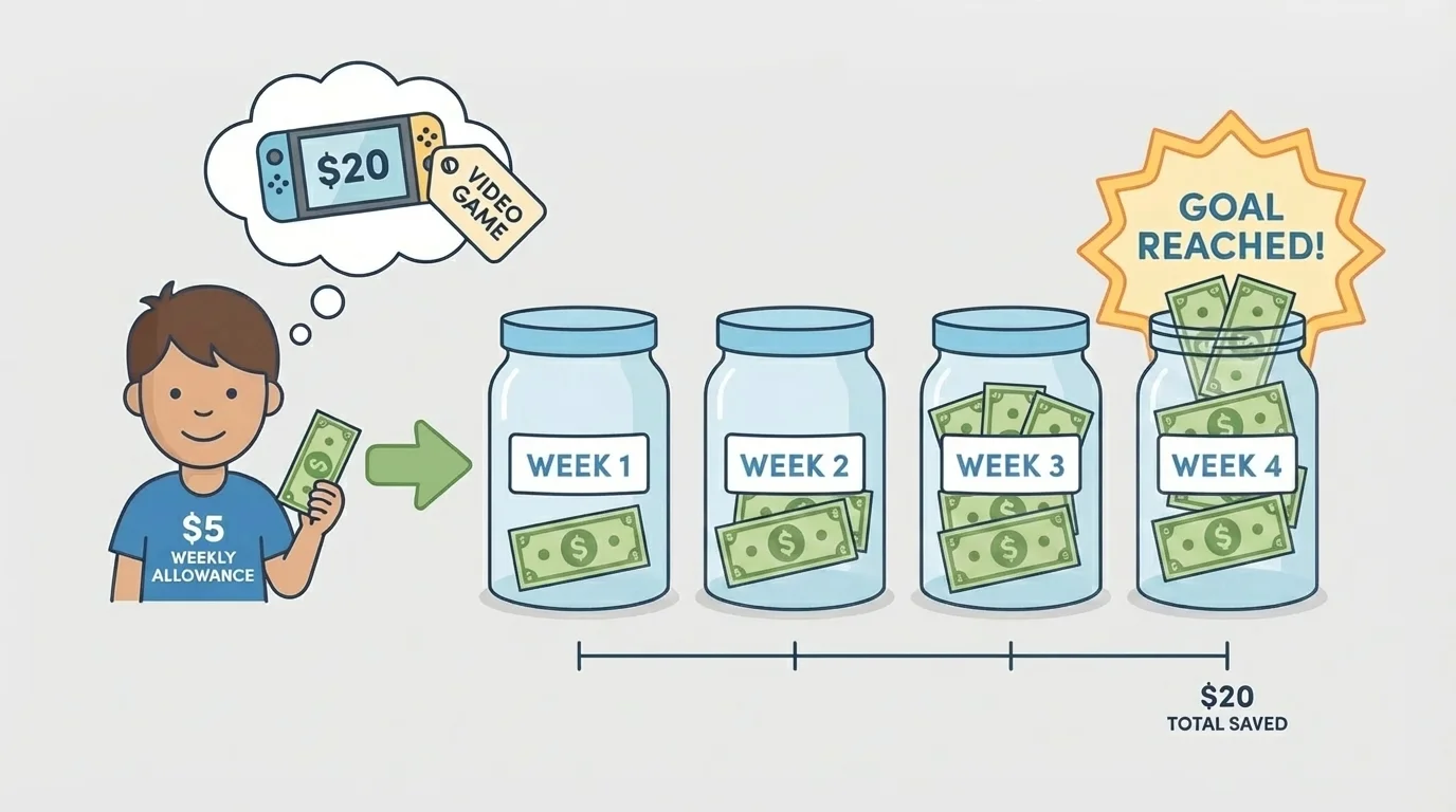 child saving $5 each week in four jars toward a $20 video game, with each jar labeled by week and the fourth jar reaching the goal