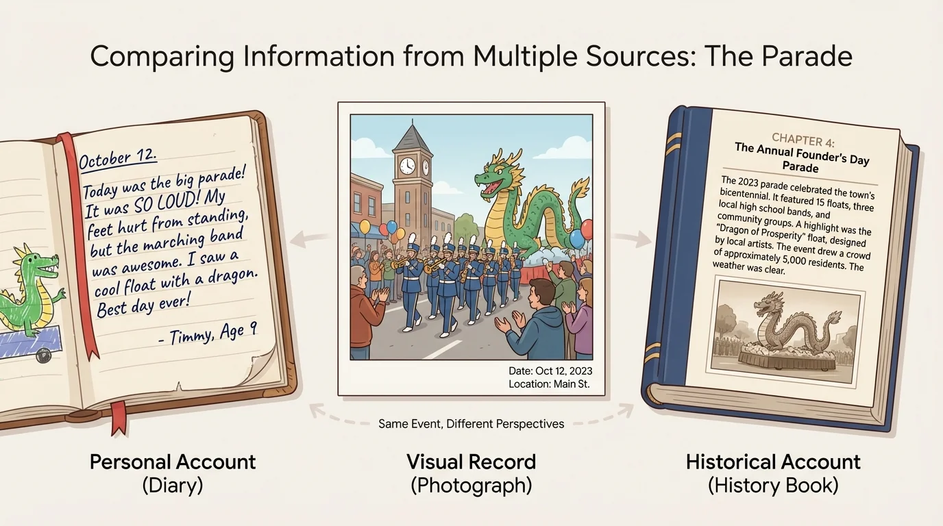 illustration of a child writing in a diary, a parade photograph, and an open local history book about the parade