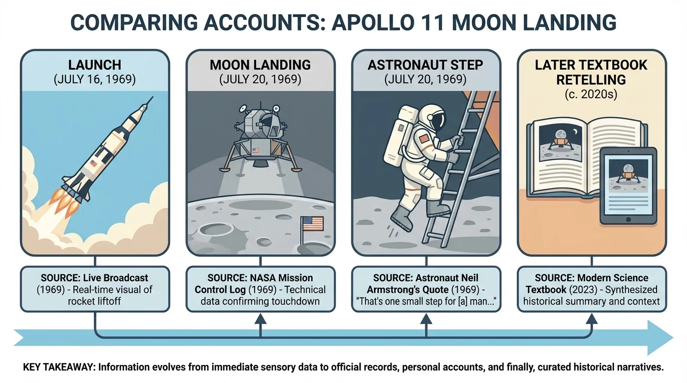 timeline with launch, moon landing, astronaut step onto the moon, and later textbook retelling
