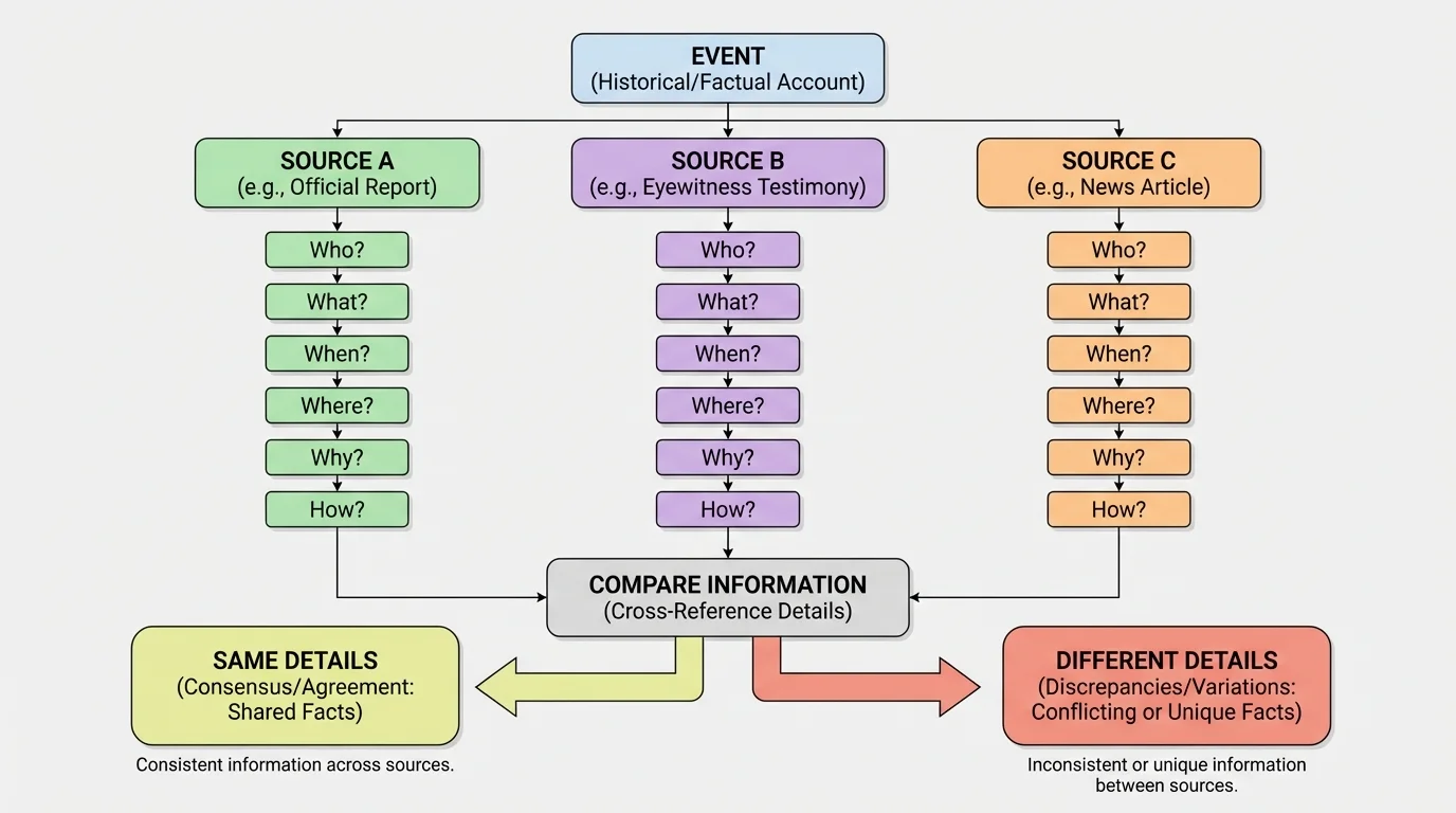 flowchart with boxes labeled who, what, when, where, why, how, and same details or different details