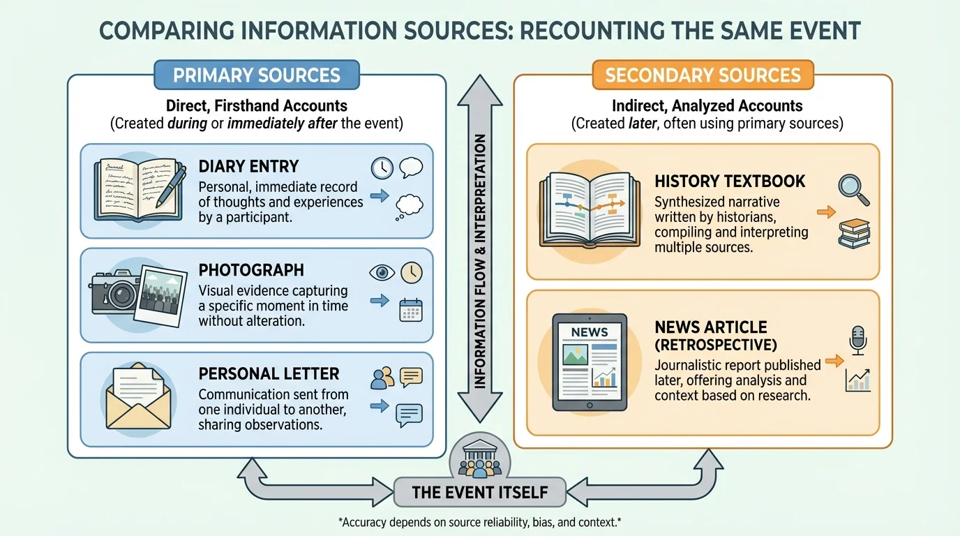 comparison chart showing examples of primary sources and secondary sources such as diary, photograph, letter, textbook, and article