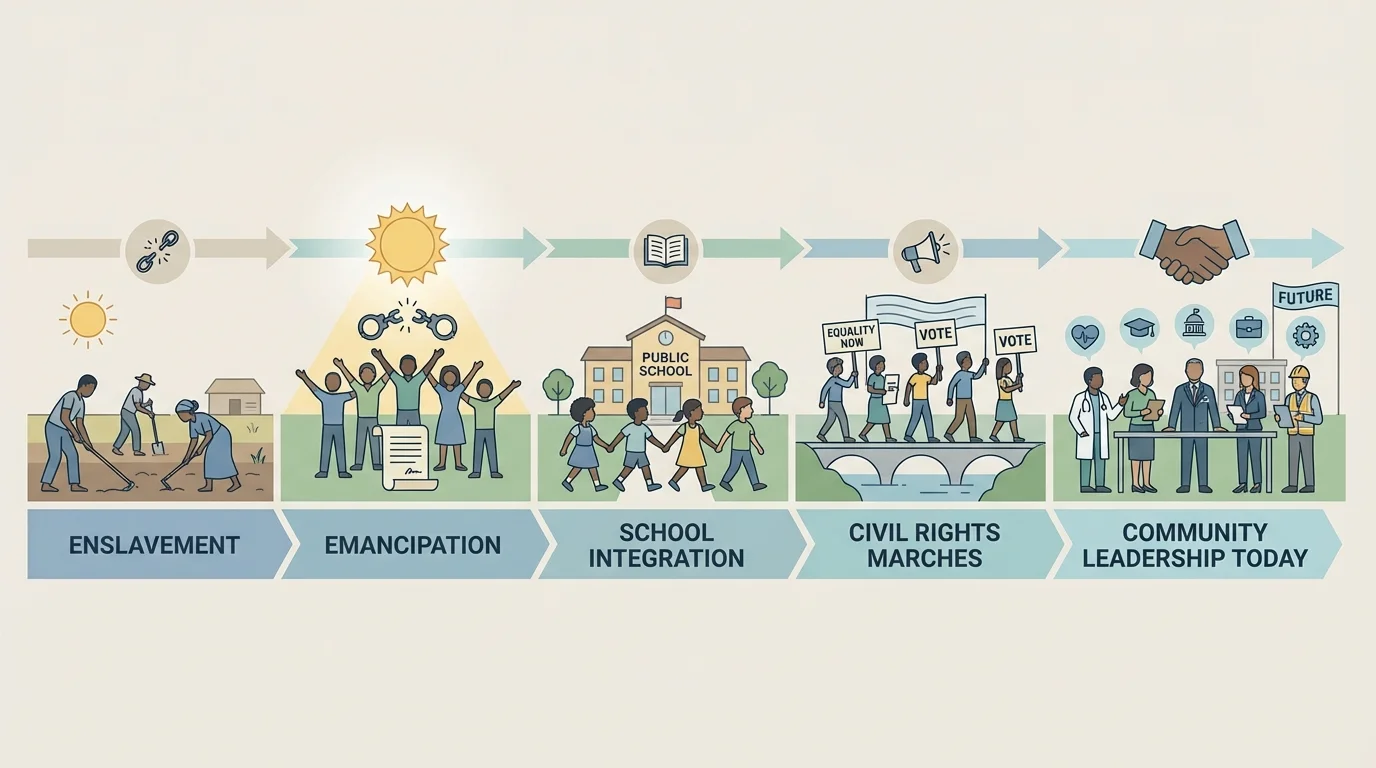 Child-friendly timeline showing enslavement, emancipation, school integration, civil rights marches, and African American community leadership today